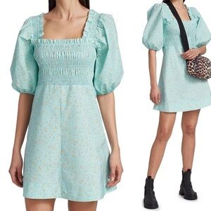 GANNI short floral poplin cottagecore mini dress bubble sleeve